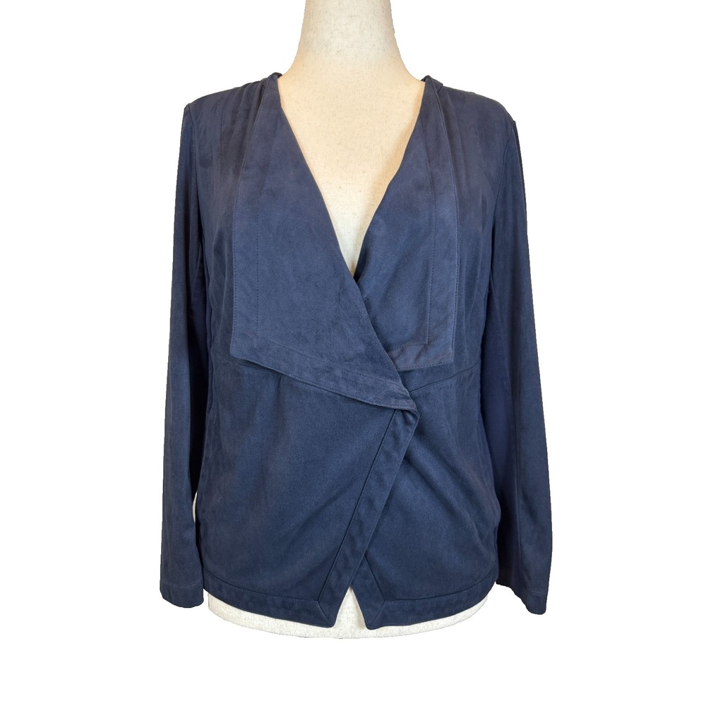 J. Jill Faux Suede Crossover Draped Jacket Petite M Navy Open Front Waterfall